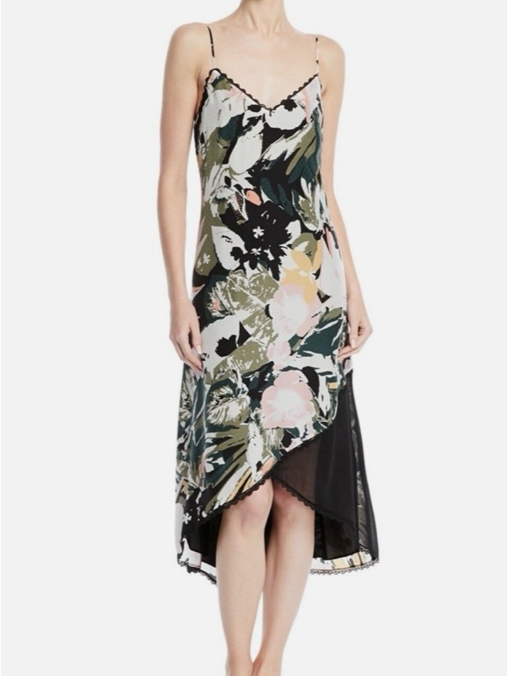 Club Monaco silk Floral Asymmetrical Slip Dress with Pink and Olive Print